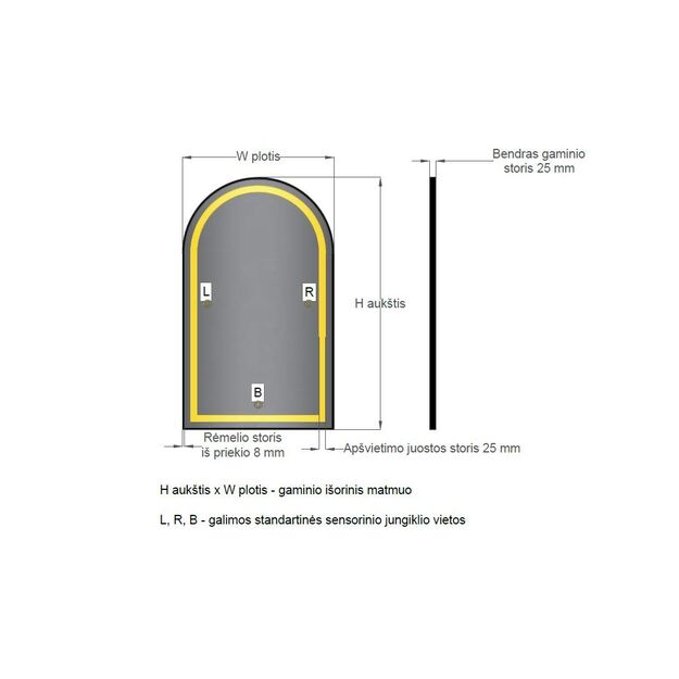 Arkos formos veidrodis "BRESTAS" su rėmu ir LED priekiniu atitrauktu apšvietimu